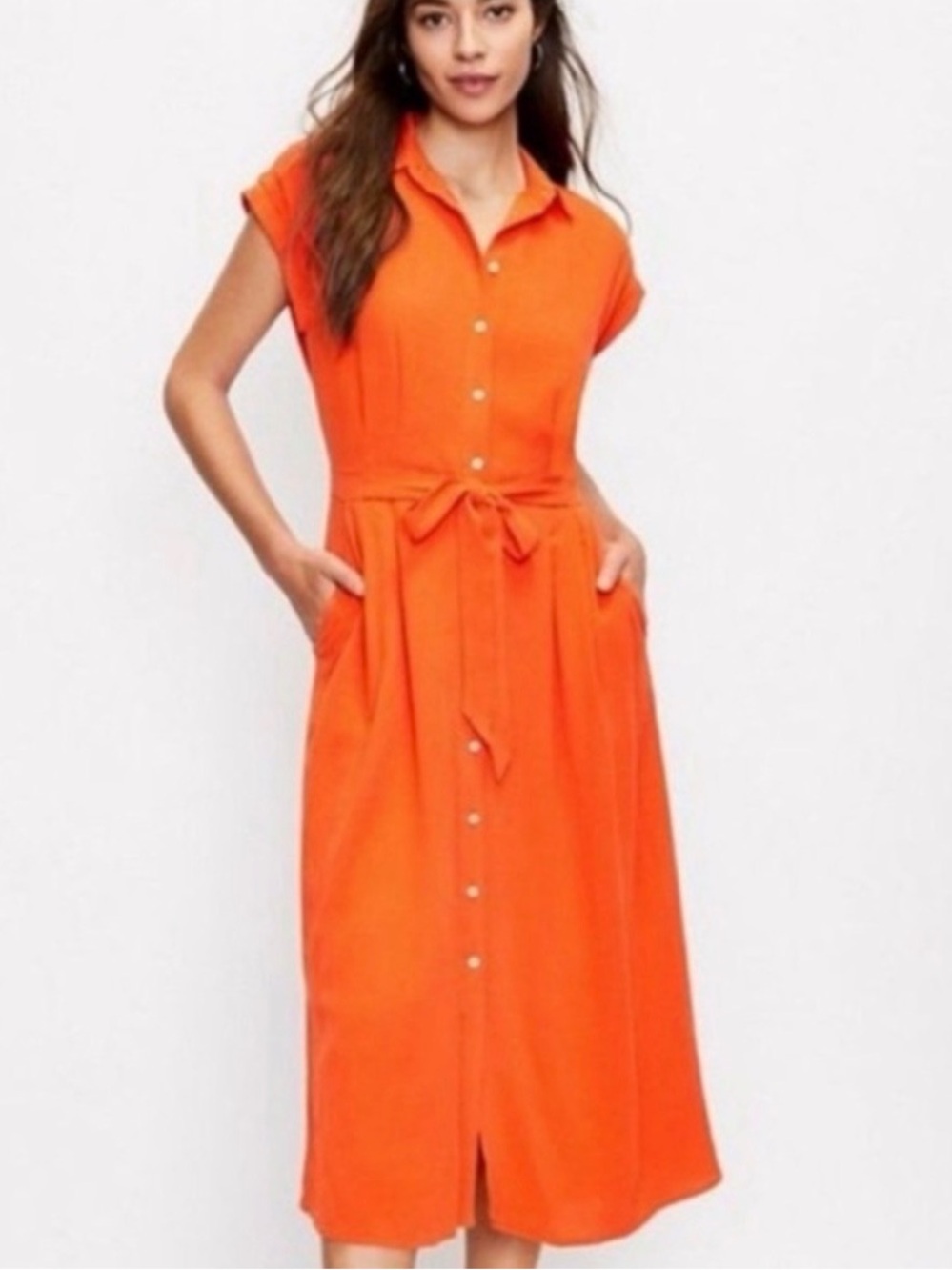LOFT Orange Button-Front A-Line Midi Shirt Dress
